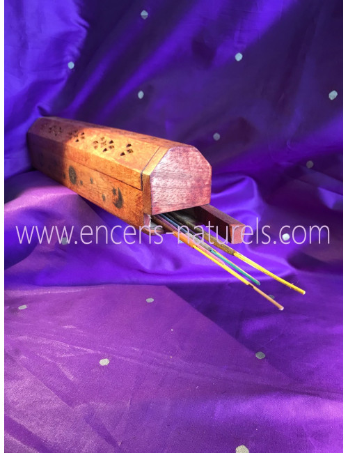 BOÎTE À ENCENS EN BOIS, Porte-encens et rangement, Motifs en laiton doré Lune, soleil, étoile.