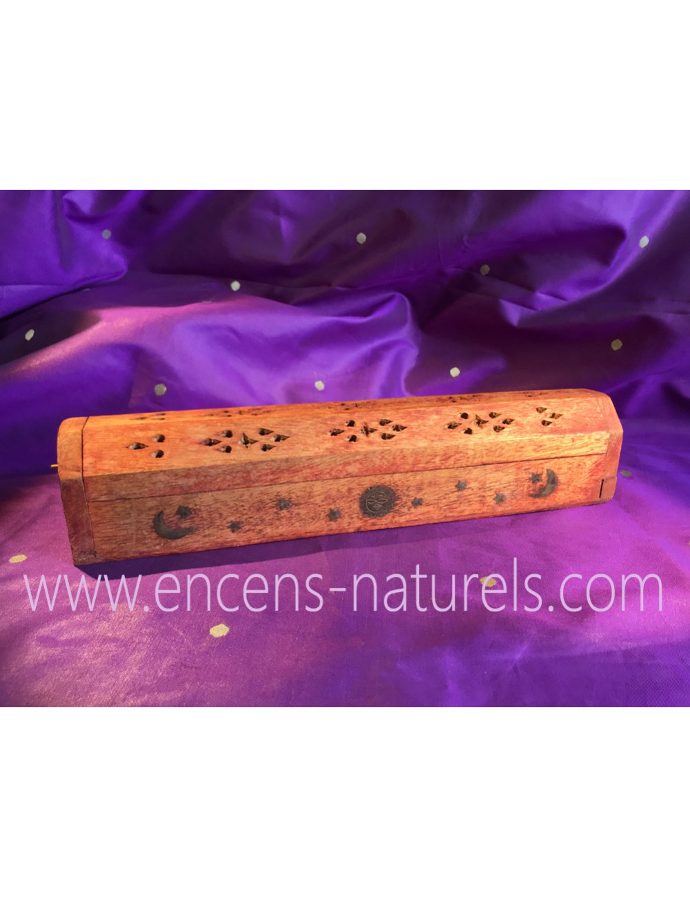 BOÎTE À ENCENS EN BOIS, Porte-encens et rangement, Motifs en laiton doré Lune, soleil, étoile.