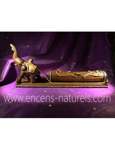 BRÛLEUR D'ENCENS/BOÎTE PORTE-ENCENS en BOIS & BAMBOU Éléphant tractant un tronc