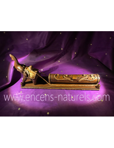 BRÛLEUR D'ENCENS/BOÎTE PORTE-ENCENS en BOIS & BAMBOU Éléphant tractant un tronc