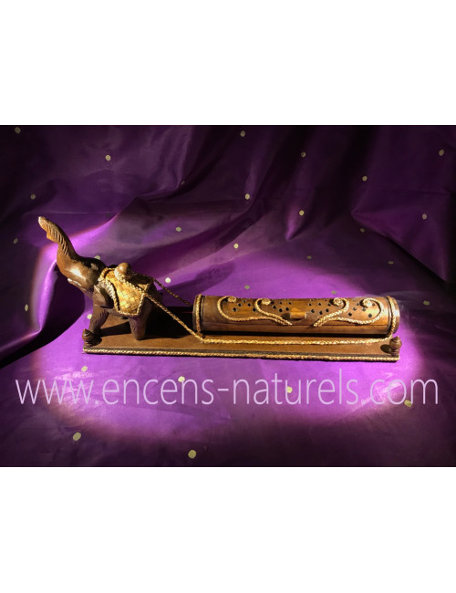 BRÛLEUR D'ENCENS/BOÎTE PORTE-ENCENS en BOIS & BAMBOU Éléphant tractant un tronc