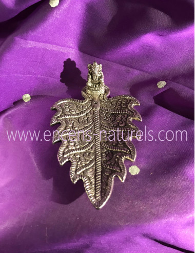 PORTE-ENCENS FEUILLE STYLISÉE & GANESH EN LAITON ARGENTÉ