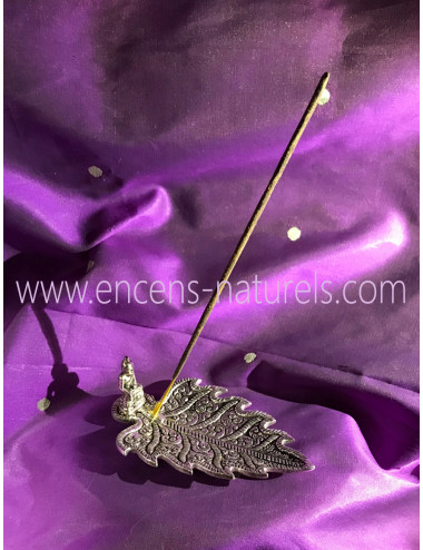 PORTE-ENCENS FEUILLE STYLISÉE & BOUDDHA EN LAITON ARGENTÉ